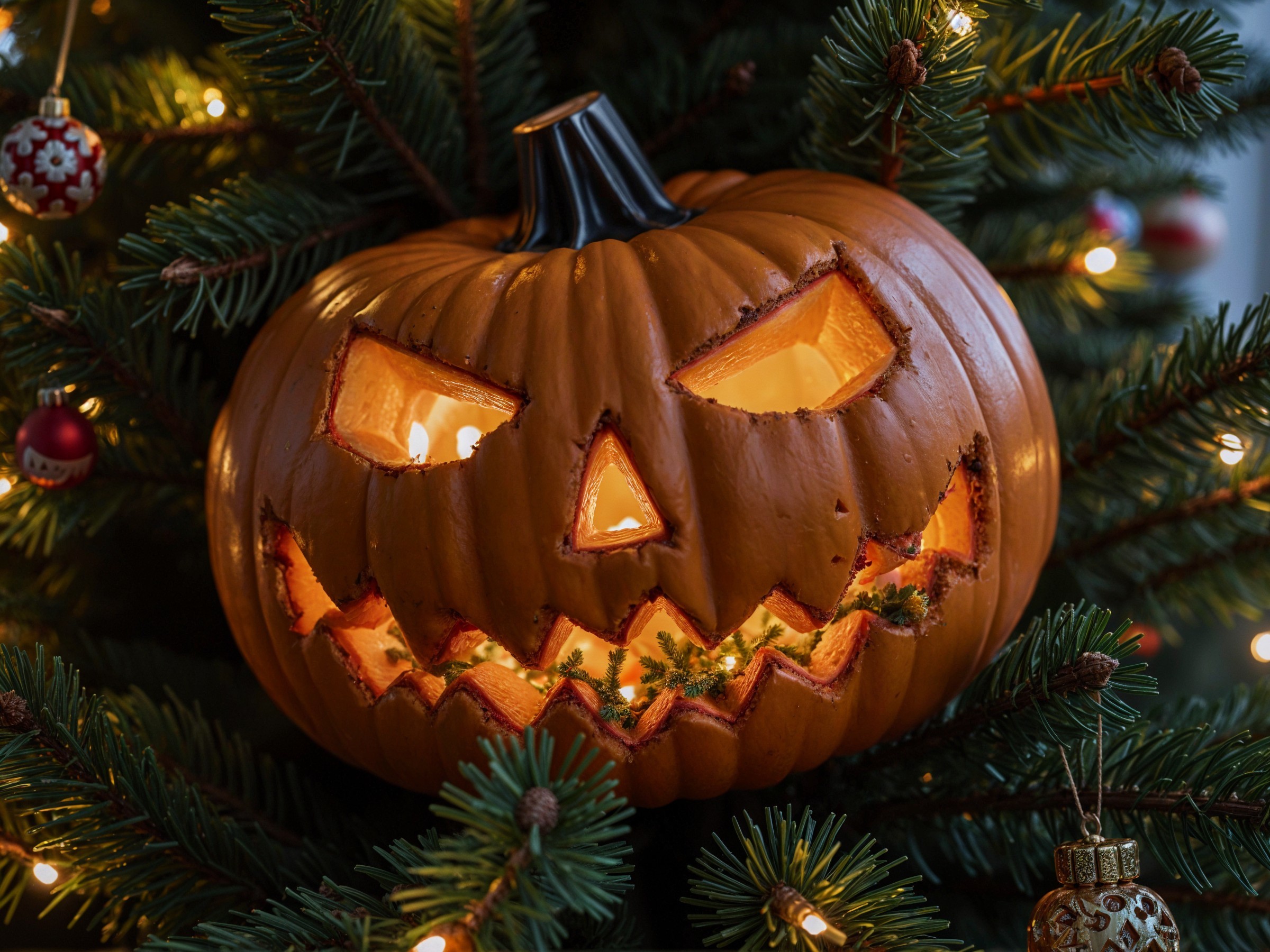 Carved Pumpkin Among Christmas Tree Decorations