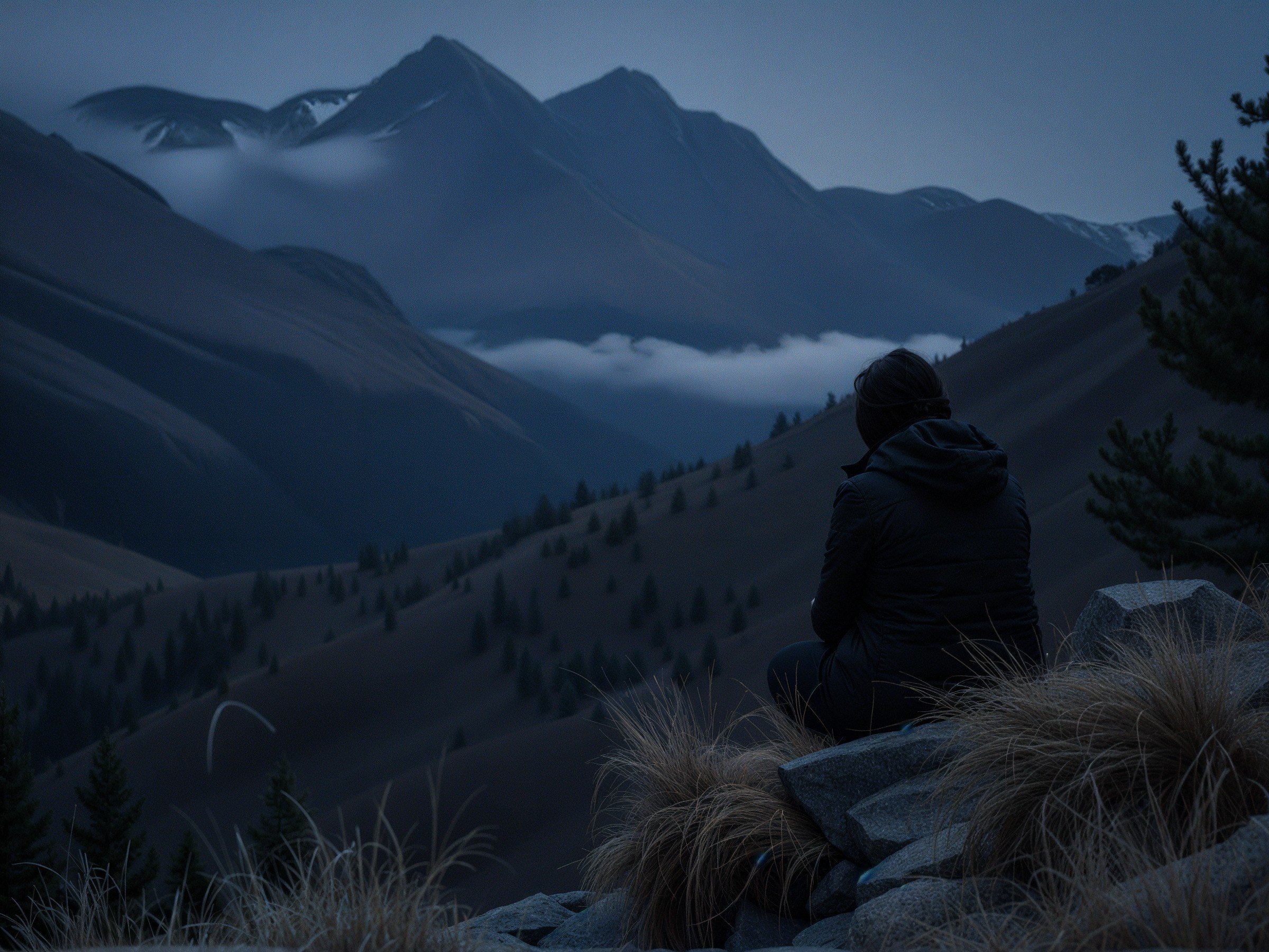 Solitary Figure Overlooks Misty Mountain Landscape