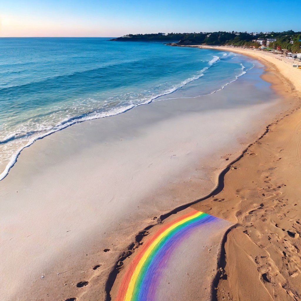 Rainbow in Sand by Turquoise Ocean Waves