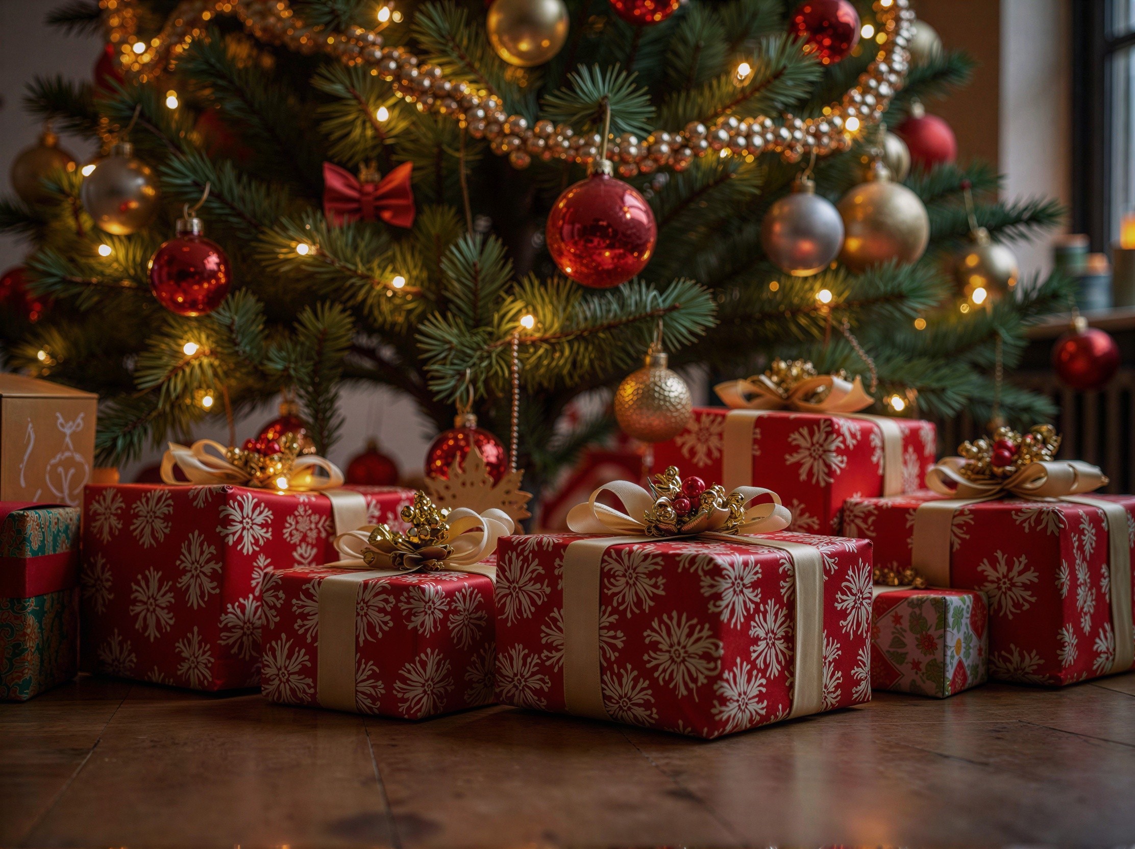 Close-up of Wrapped Christmas Presents Under Tree