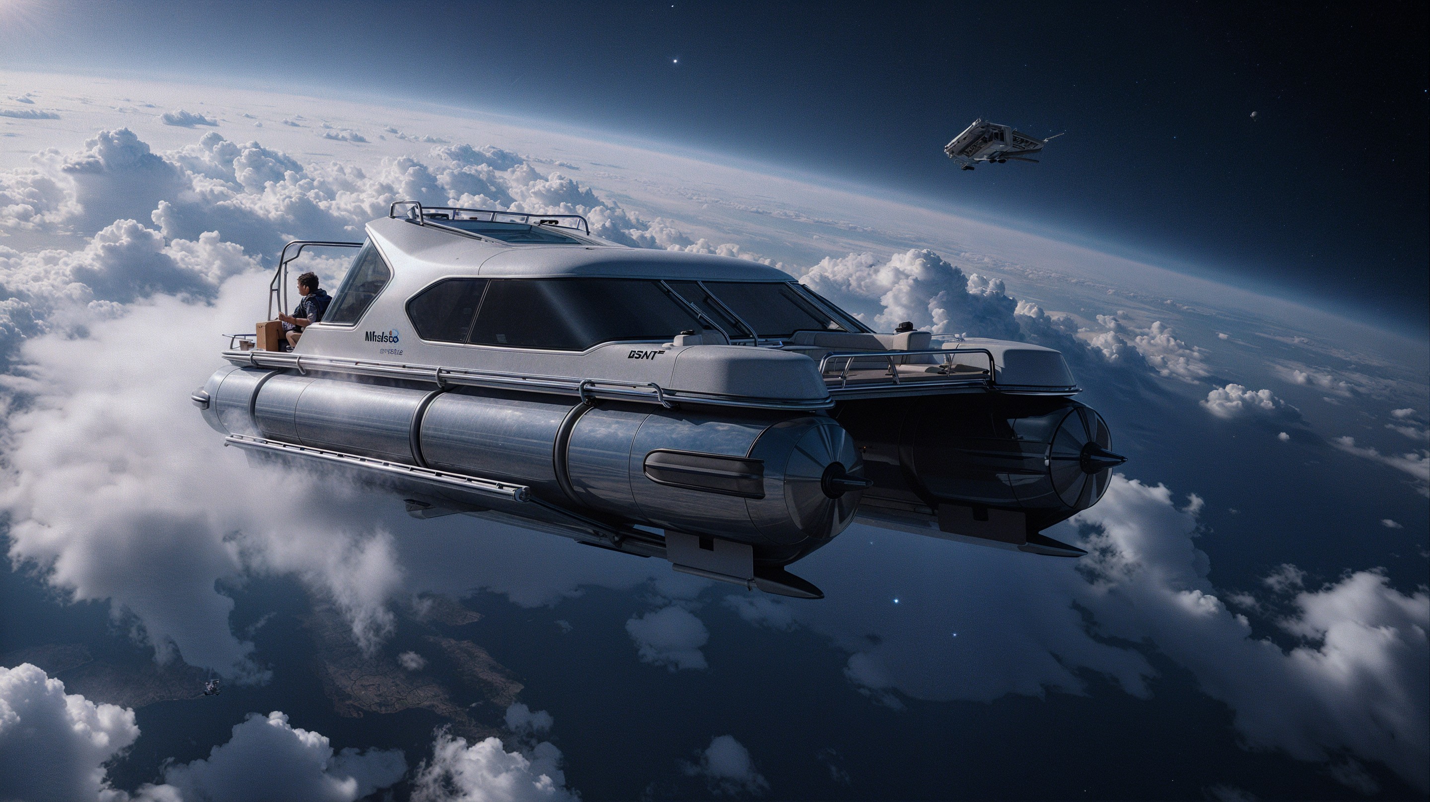 Futuristic spacecraft above clouds with deep space backdrop