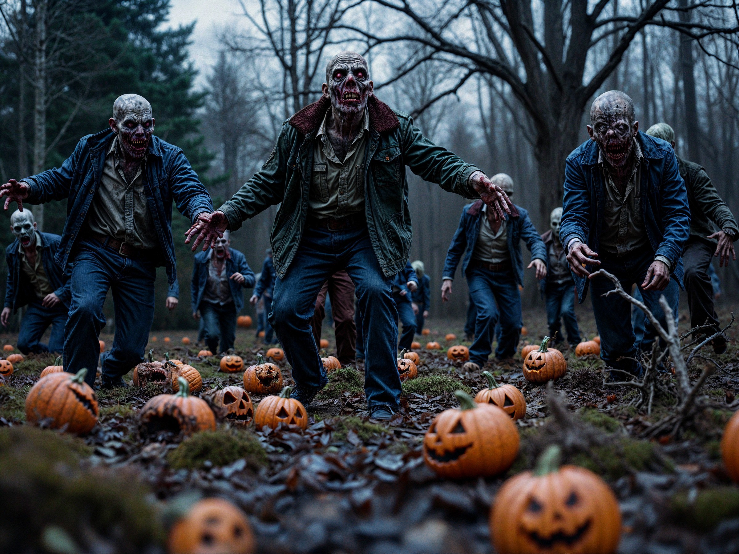 Zombies in a Dark Forest Surrounded by Carved Pumpkins
