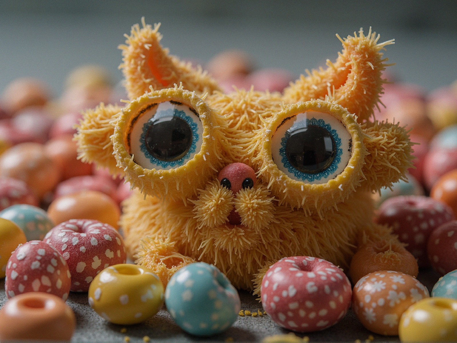 Whimsical Cat-Like Figure Surrounded by Colorful Candies