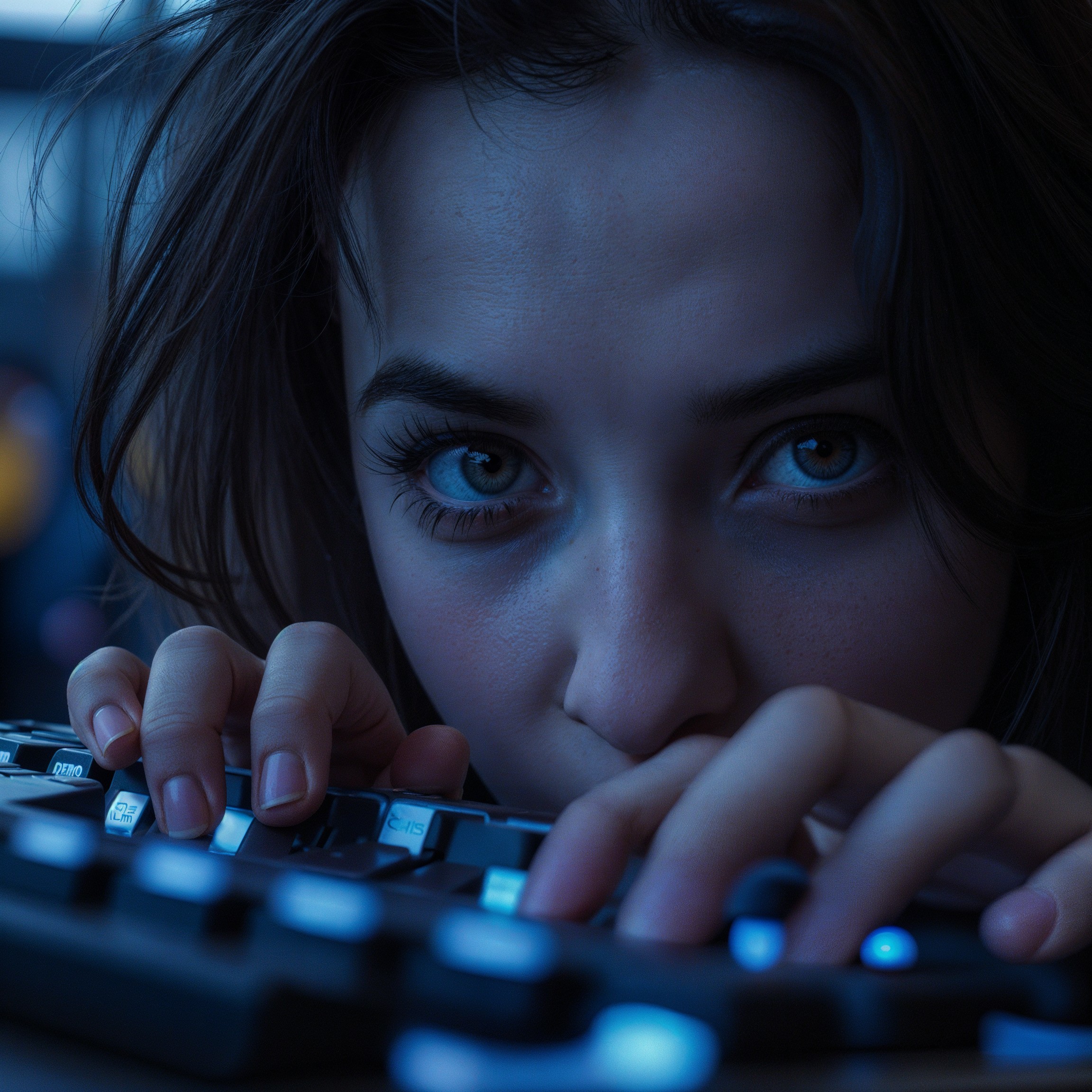 Close-up of a focused young woman at a keyboard
