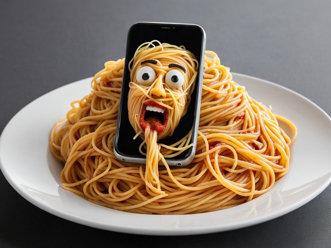 Spaghetti with Smartphone and Comical Noodle Face
