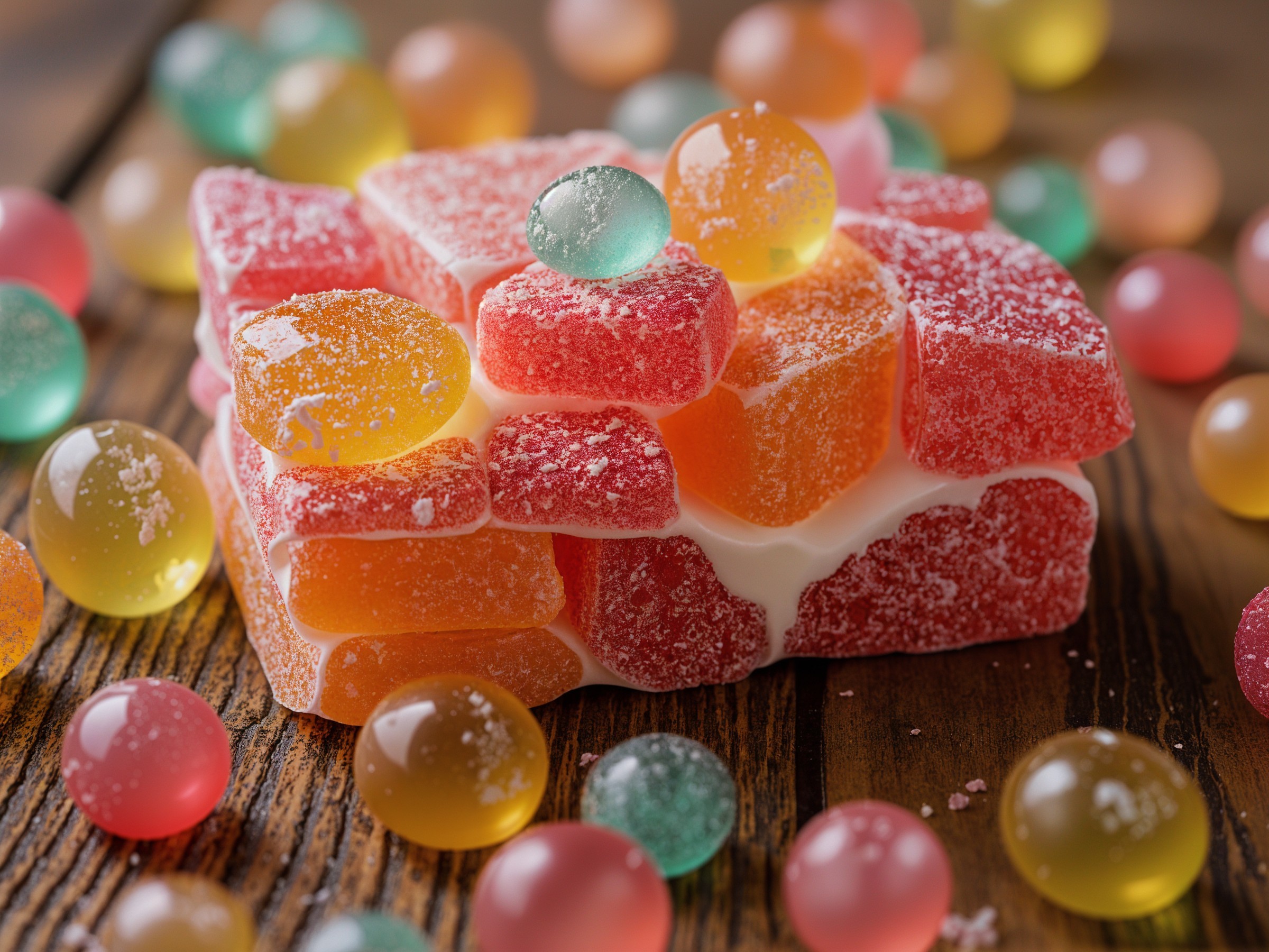 Colorful Assortment of Gummy Candies on Wood