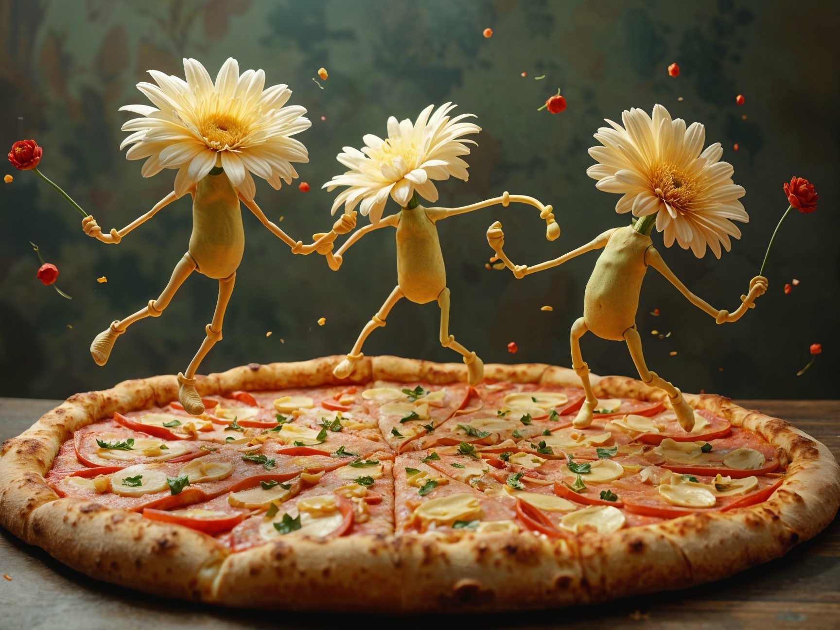 Whimsical Vegetable and Flower Figures on Pizza