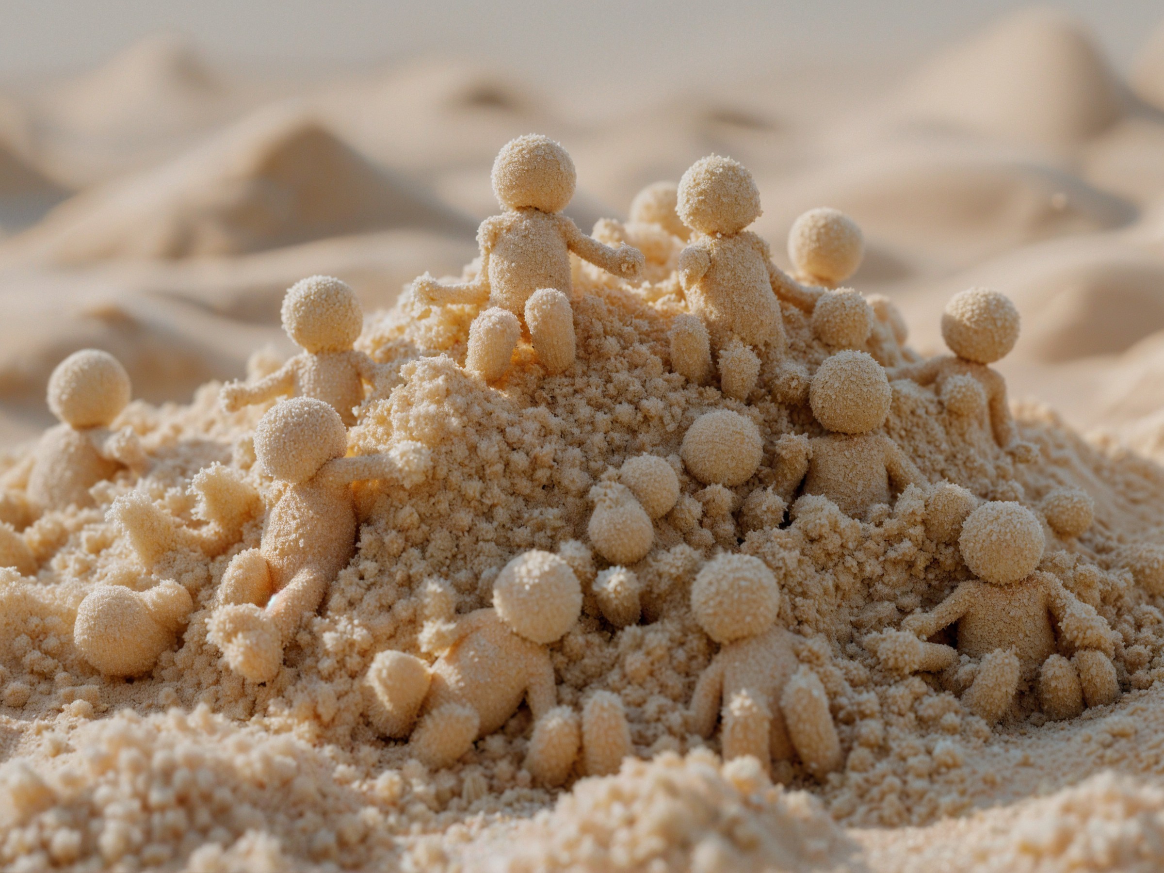 Whimsical Sand Figures Interacting on Mound of Sand