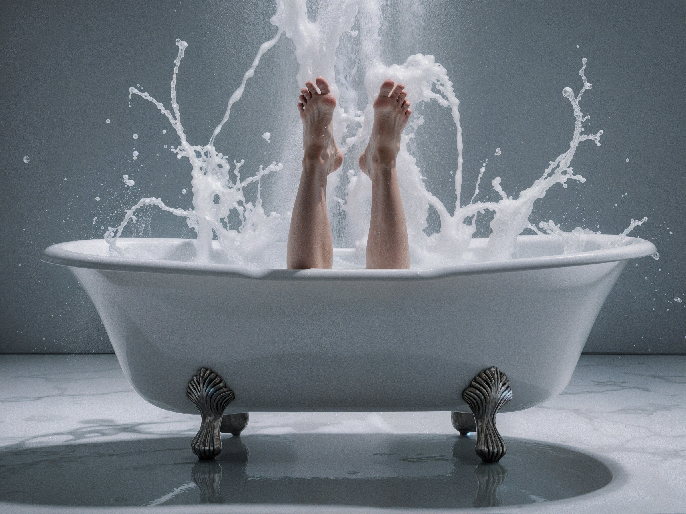 Vintage Bathtub with Splashing Water and Legs Visible