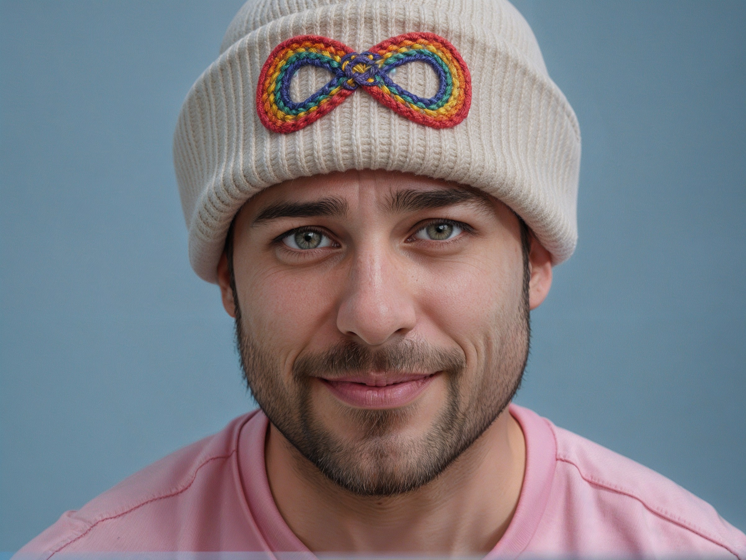 Young man in cream beanie with friendly expression