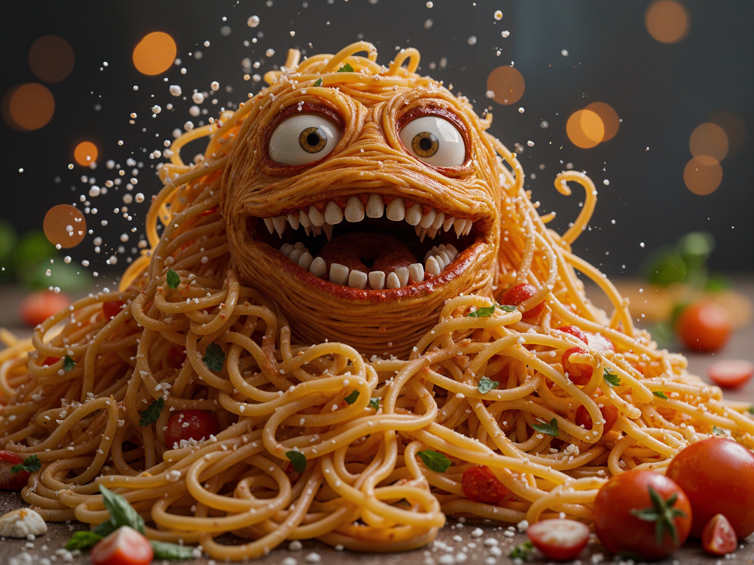 Playful Spaghetti Monster Surrounded by Pasta and Veggies