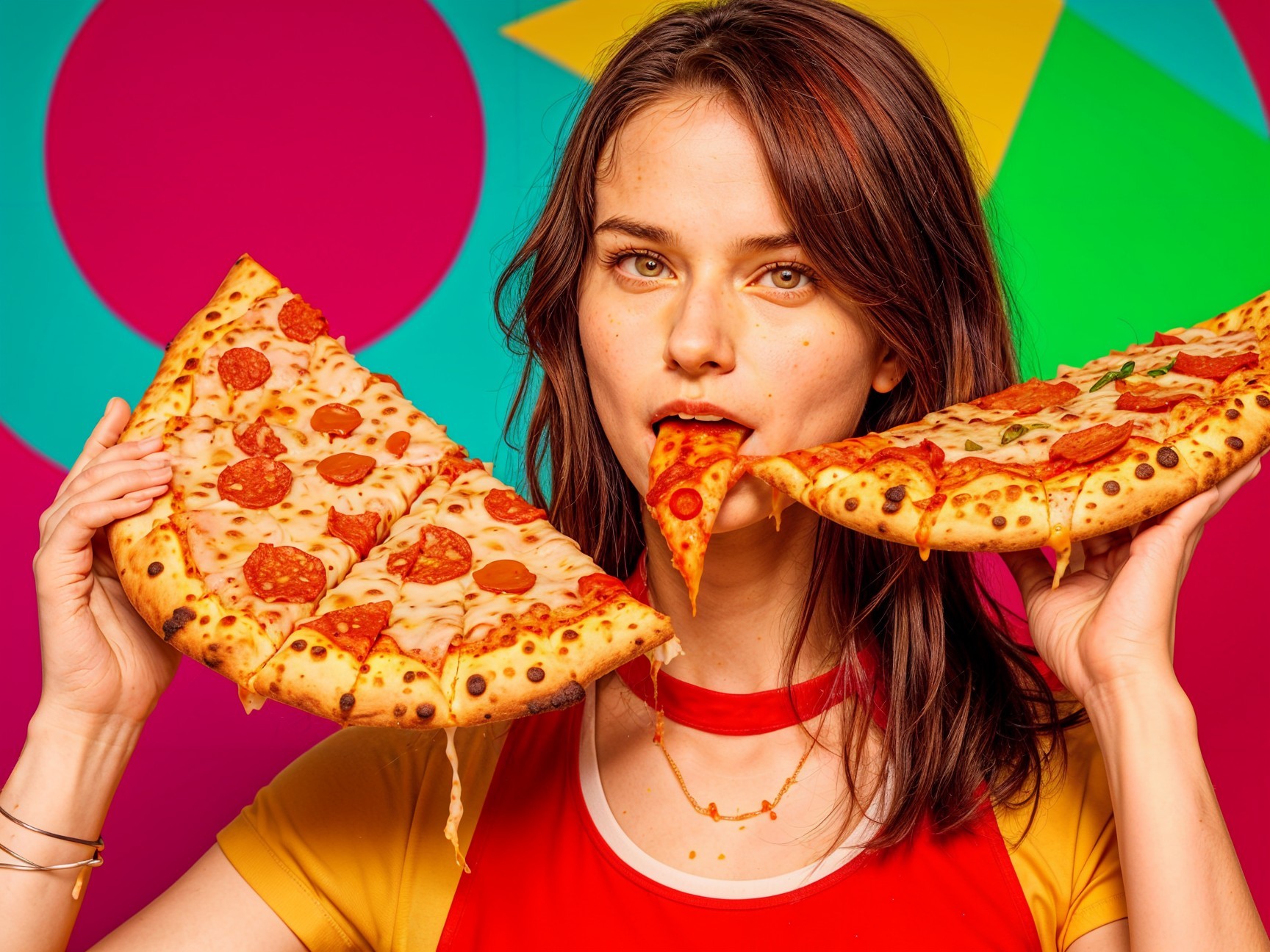 Young woman enjoying oversized pizza slices in vibrant setting