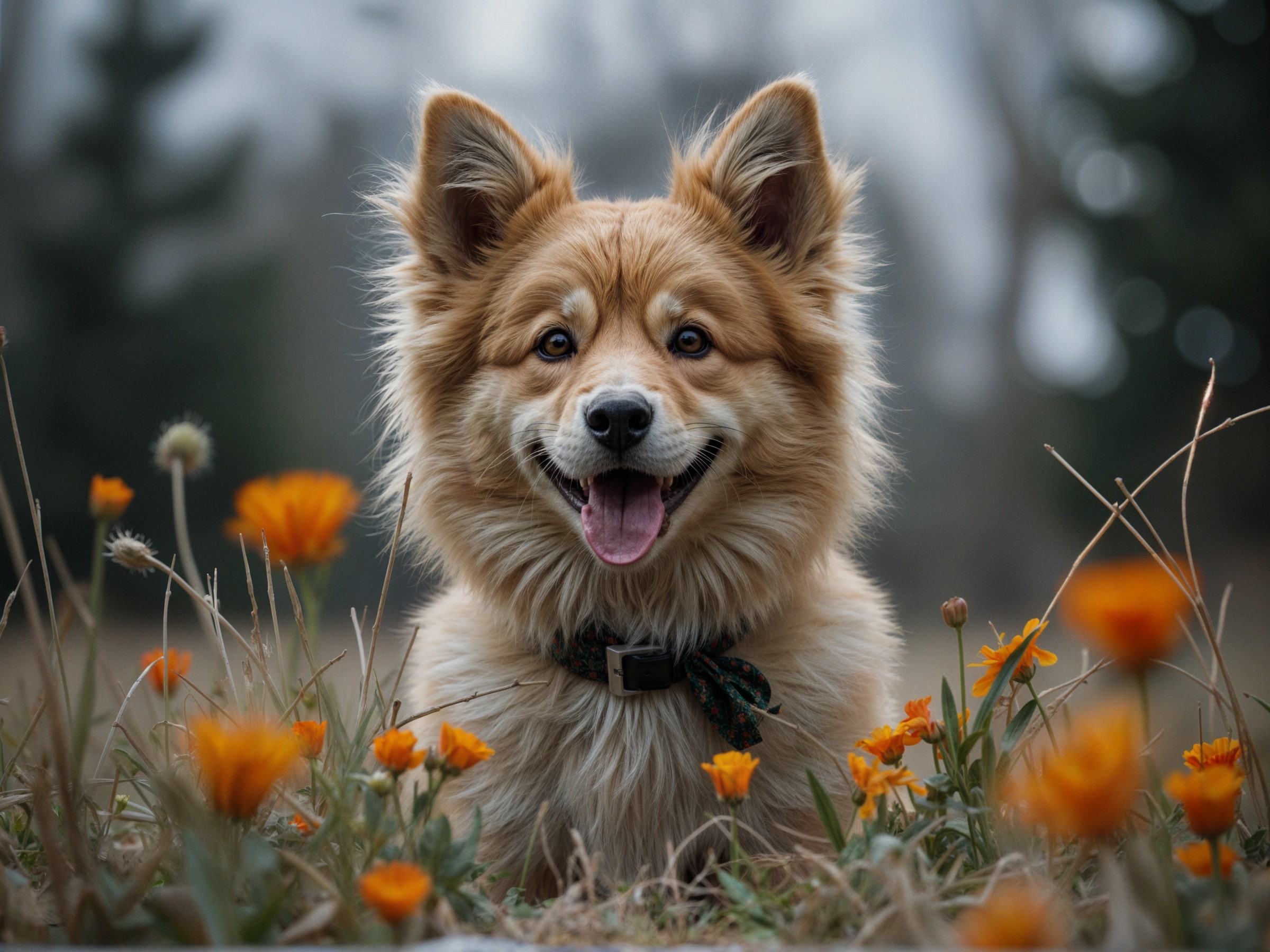 Fluffy Golden Dog Surrounded by Orange Flowers