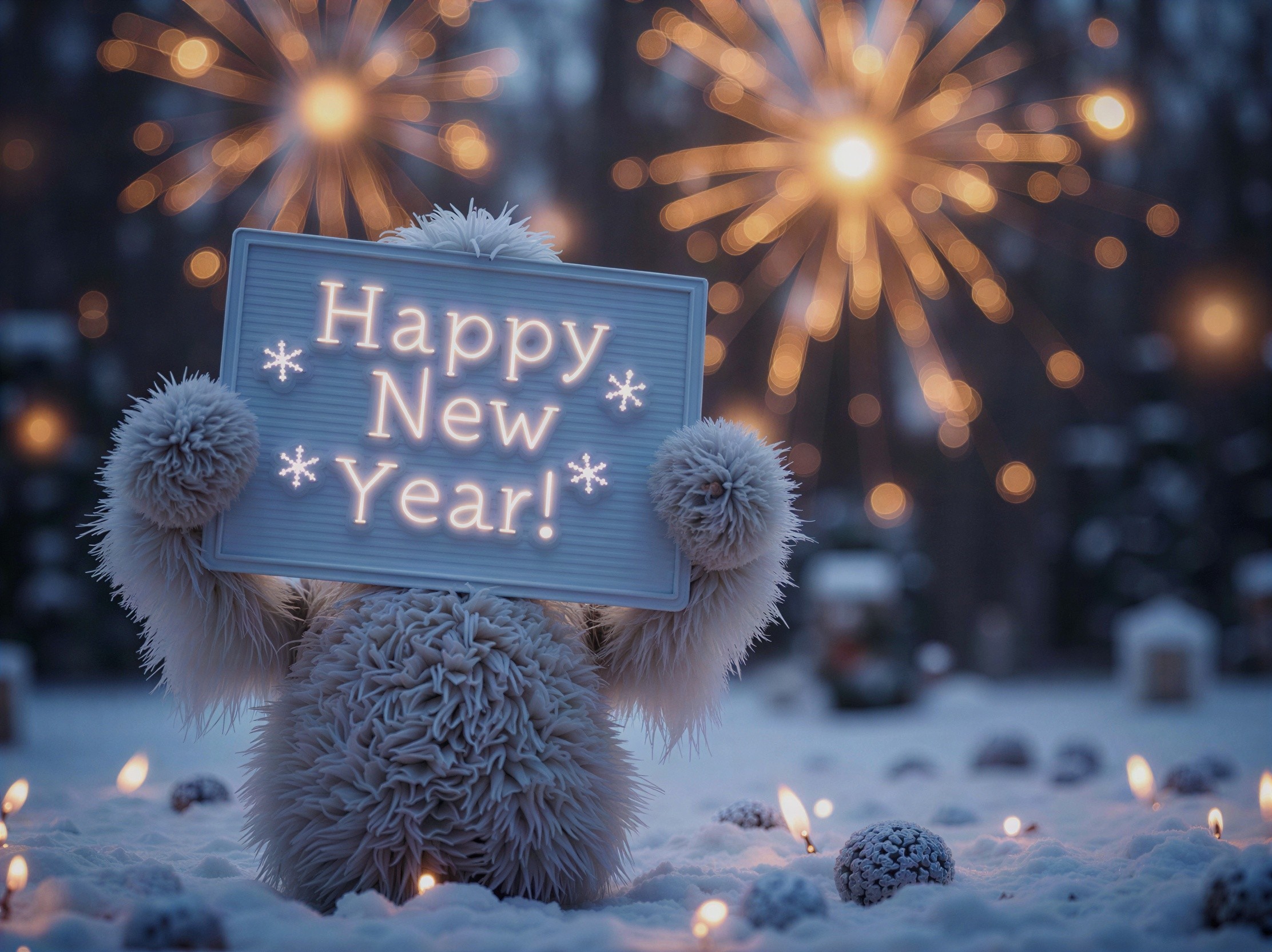 Fluffy White Yeti in Winter Scene with New Year Sign