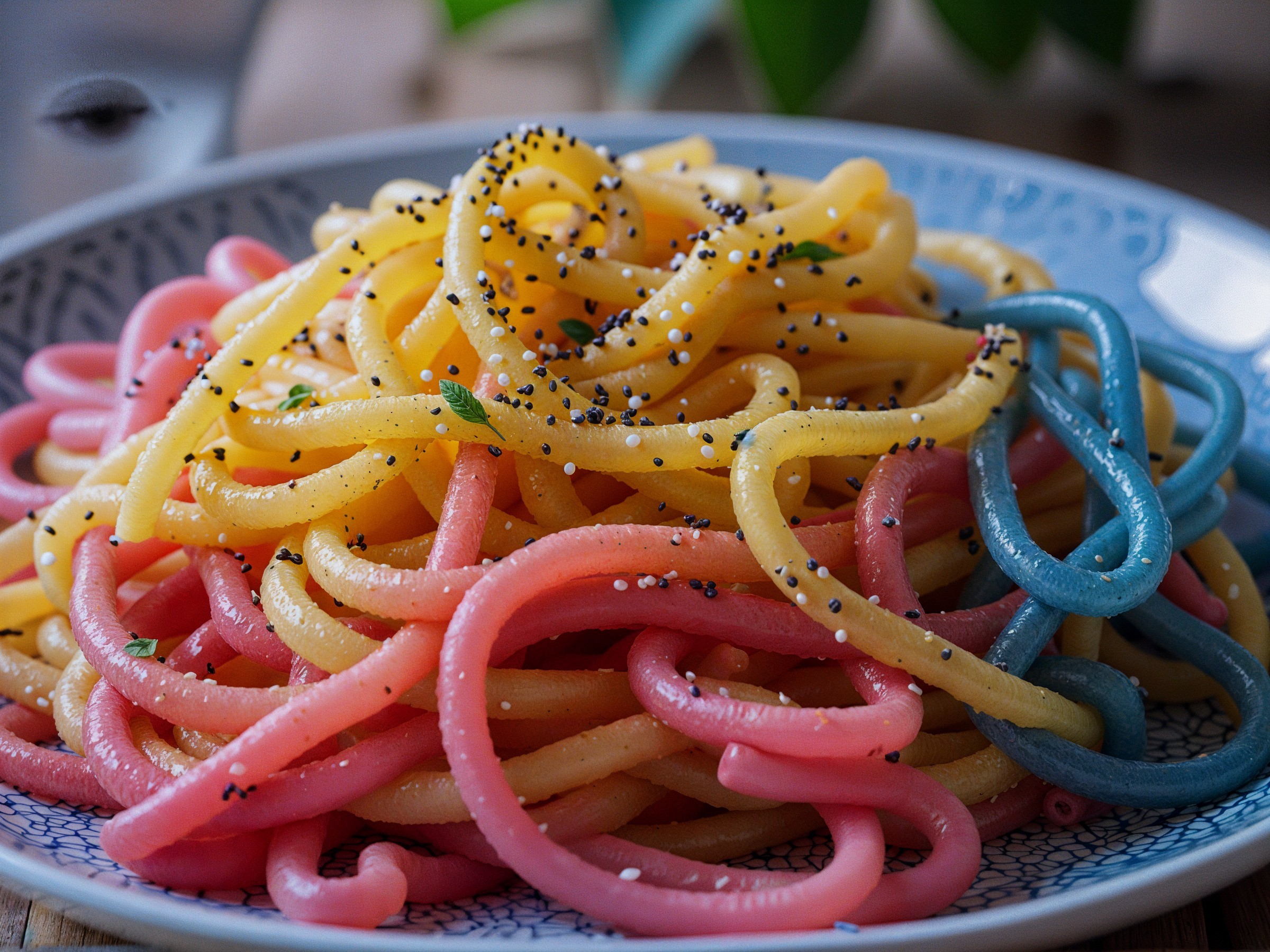 Colorful Pasta Dish with Vibrant Noodles and Herbs
