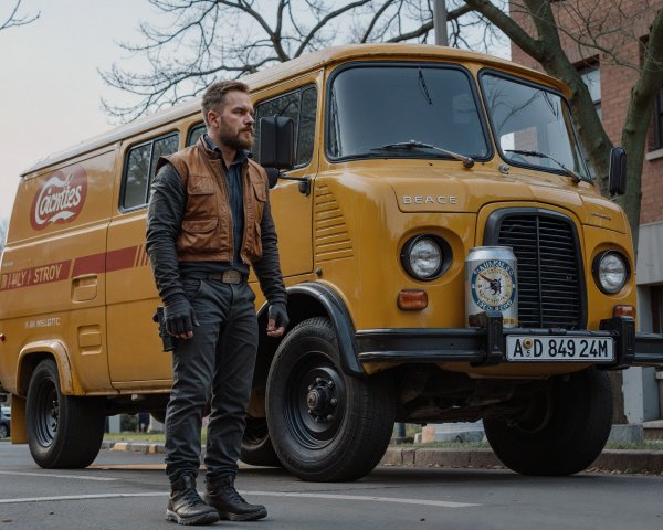 Rugged Man Next to Vintage Yellow Cookies Van