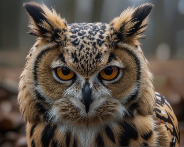 Majestic owl with intricate plumage and amber eyes
