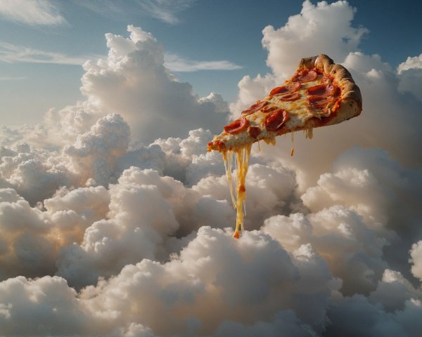 Whimsical Pizza Slice Among Fluffy Clouds in Sky