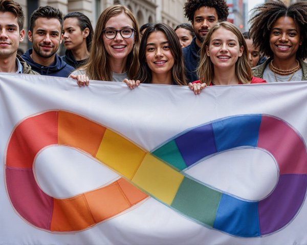 Diverse Group with Infinity Symbol Flag in City Street