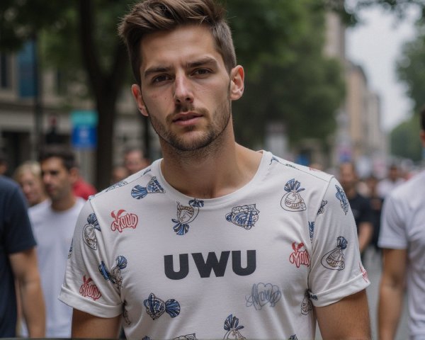 Young man in graphic t-shirt on busy urban street