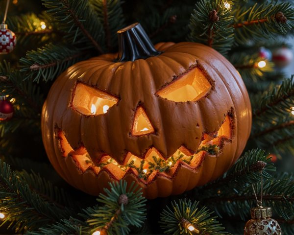 Carved Pumpkin Among Christmas Tree Decorations
