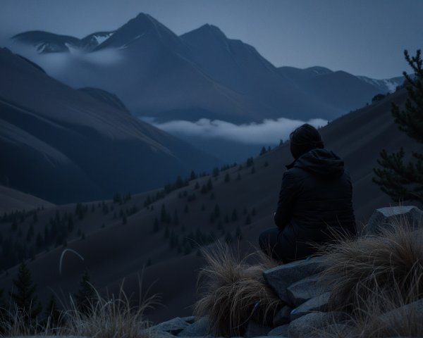 Solitary Figure Overlooks Misty Mountain Landscape