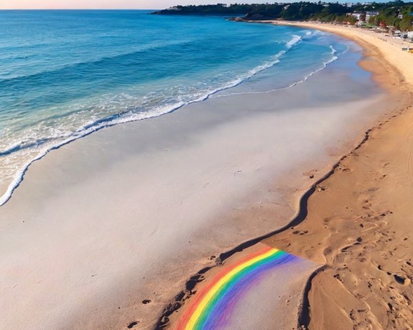 Rainbow in Sand by Turquoise Ocean Waves