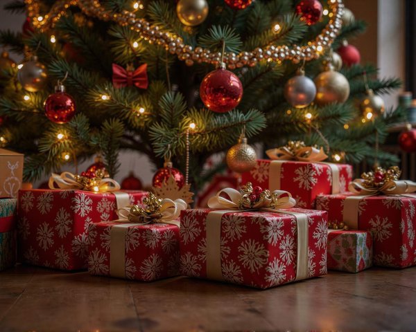 Close-up of Wrapped Christmas Presents Under Tree