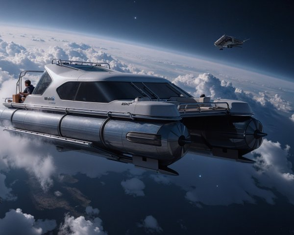 Futuristic spacecraft above clouds with deep space backdrop