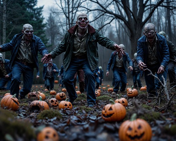 Zombies in a Dark Forest Surrounded by Carved Pumpkins