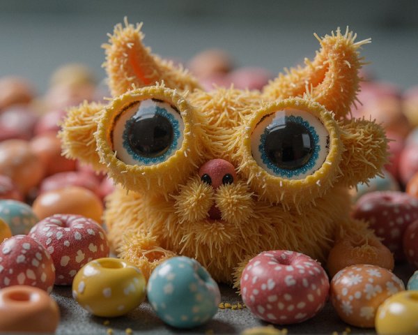 Whimsical Cat-Like Figure Surrounded by Colorful Candies
