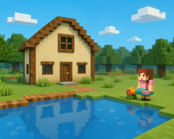 Charming Blocky Landscape with Tranquil Pond and House