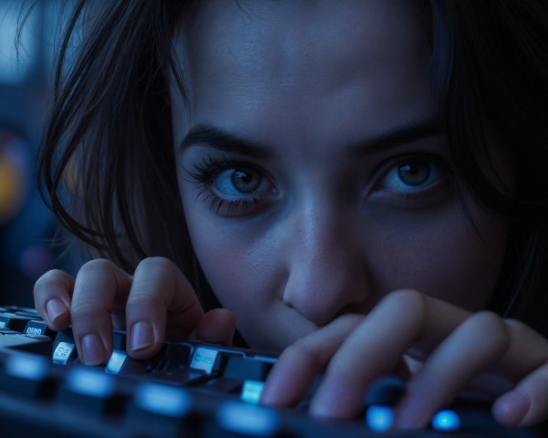 Close-up of a focused young woman at a keyboard