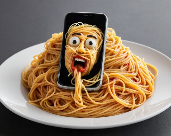 Spaghetti with Smartphone and Comical Noodle Face