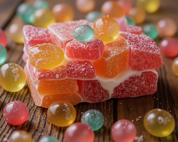 Colorful Assortment of Gummy Candies on Wood