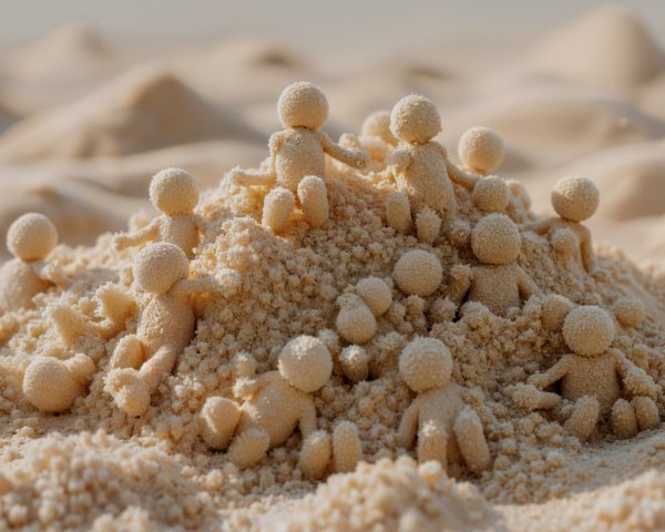 Whimsical Sand Figures Interacting on Mound of Sand