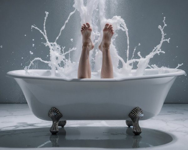 Vintage Bathtub with Splashing Water and Legs Visible