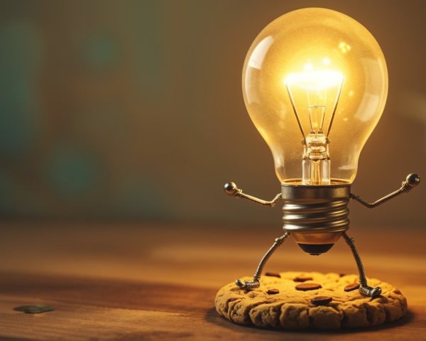Whimsical light bulb character on a cookie base