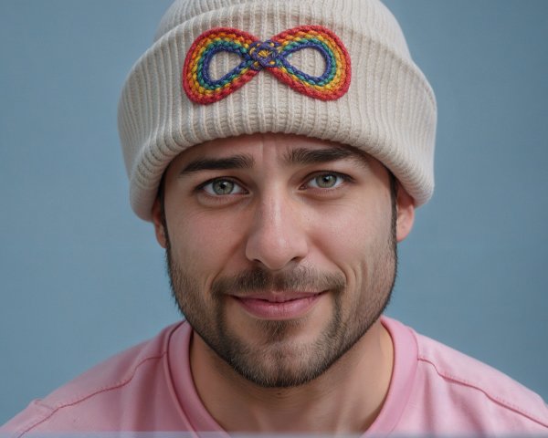 Young man in cream beanie with friendly expression