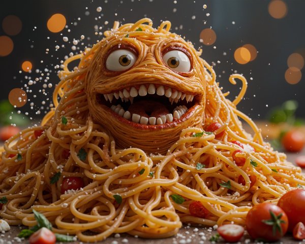 Playful Spaghetti Monster Surrounded by Pasta and Veggies