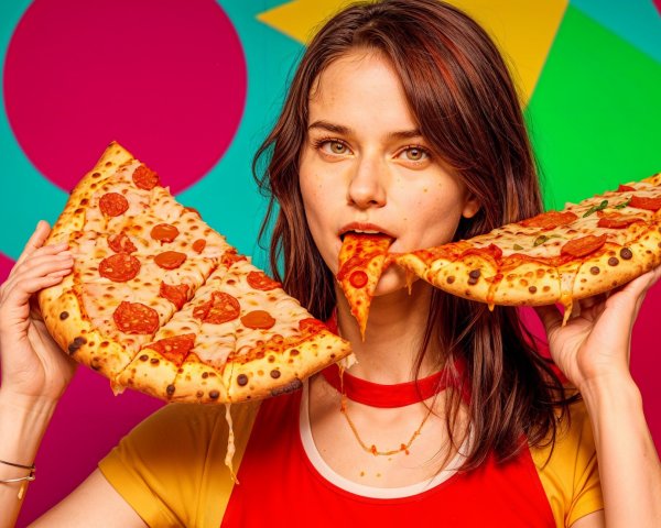 Young woman enjoying oversized pizza slices in vibrant setting