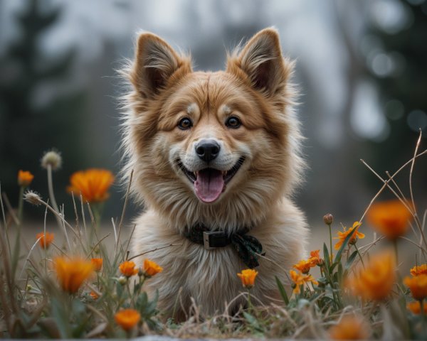 Fluffy Golden Dog Surrounded by Orange Flowers