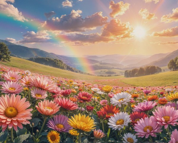 Vibrant Flowering Landscape in a Lush Green Valley