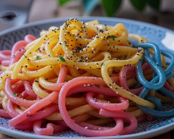 Colorful Pasta Dish with Vibrant Noodles and Herbs