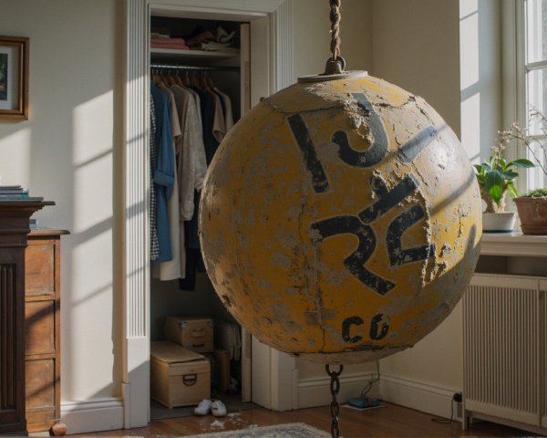 Weathered Yellow Buoy in Sunlit Room with Shadows