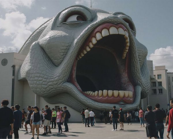Reptilian Head Sculpture on White Building with Crowd