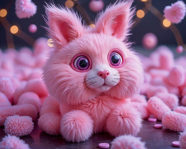 Fluffy Pink Bunny Plush in Whimsical Pom-Pom Setting