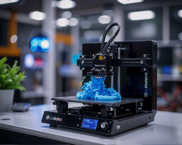 3D Printer in Modern Workspace with Vibrant Blue Print