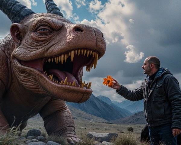 Large Brown Horned Monster with Orange Flower Offering