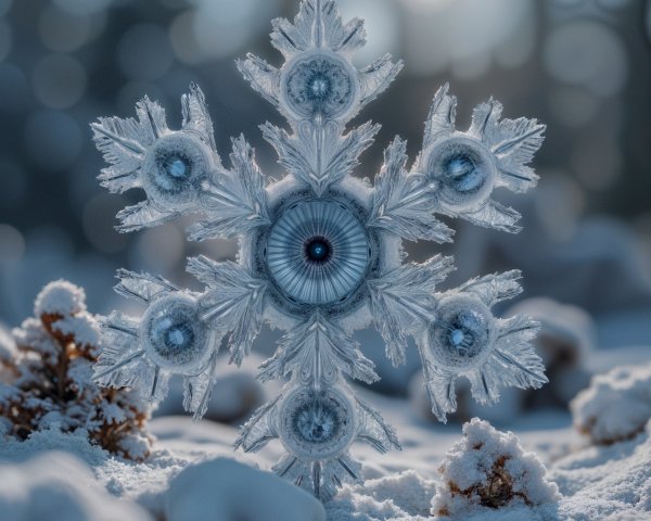 Intricate Snowflake on Fresh Snow in Winter Landscape